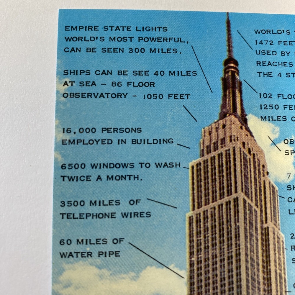 Vintage Empire State Building Postcard NYC New York City Building Facts 50s-70s - Picture 3 of 8